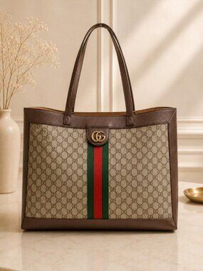 Authentic Gucci Ophidia GG Supreme Canvas Large Tote Bag Web Stripe Shoulder Bag